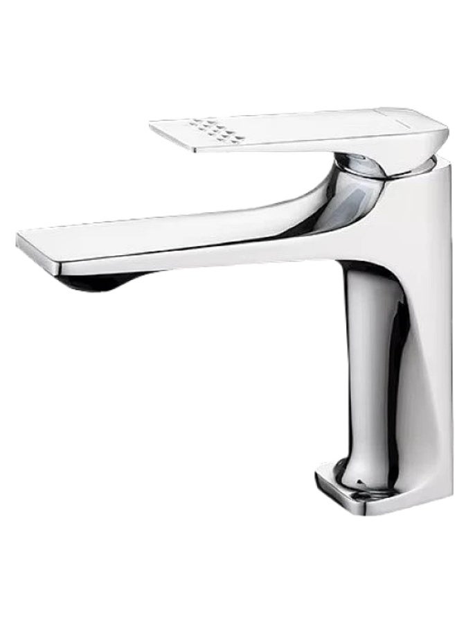 Short square chrome sink mixer with patterned handle and hoses - Image 2
